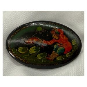 Vintage Russian Lacquer Brooch Hand Painted Folk Tale Scene Oval Black Red